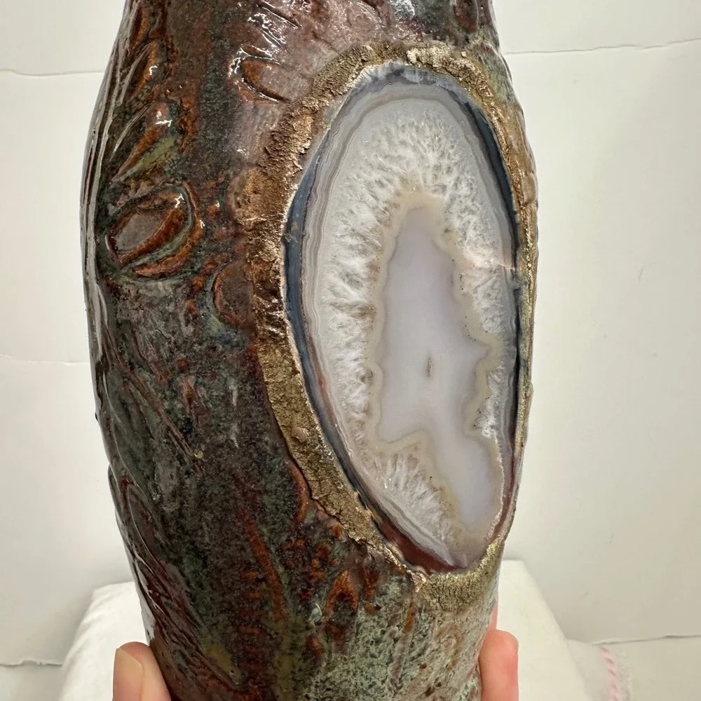 Terrance M Bedell Studio Pottery Vase Handmade signed '14‎ Brown Geode luminary